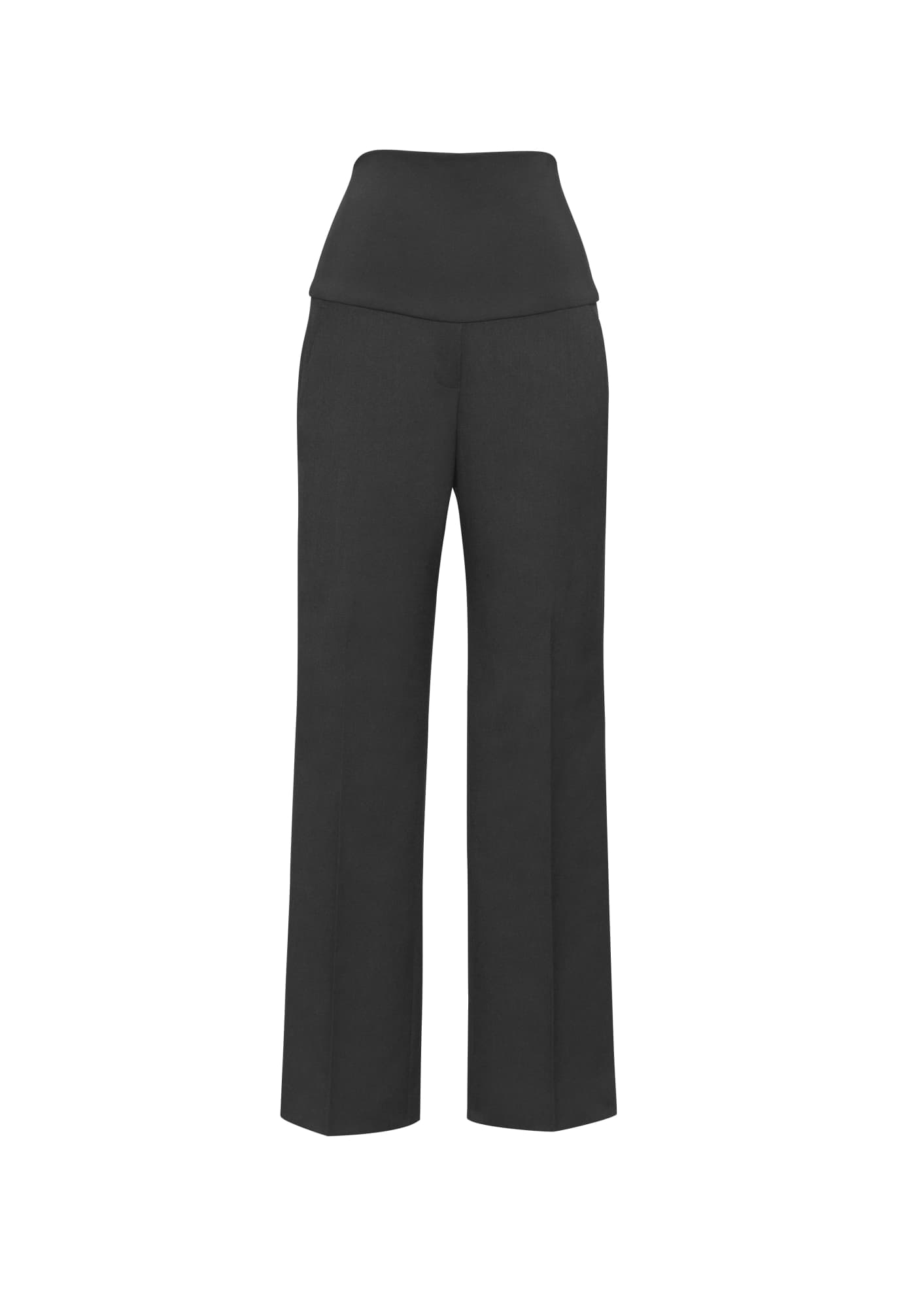 Black women's maternity pants with a stretch waistband, designed for comfort and style. Features branding.