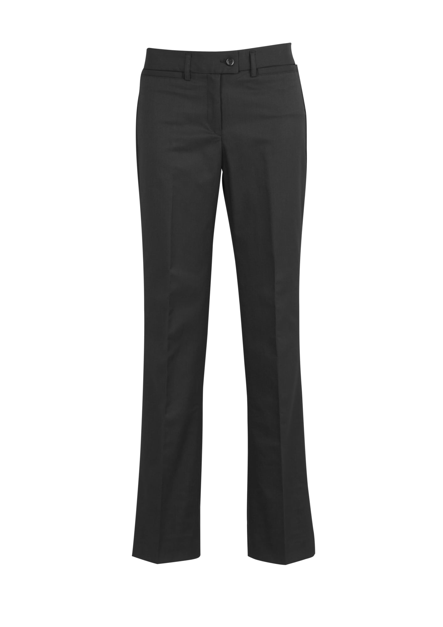 A pair of black relaxed stretch pants with a straight leg design, featuring a button closure and waistband.