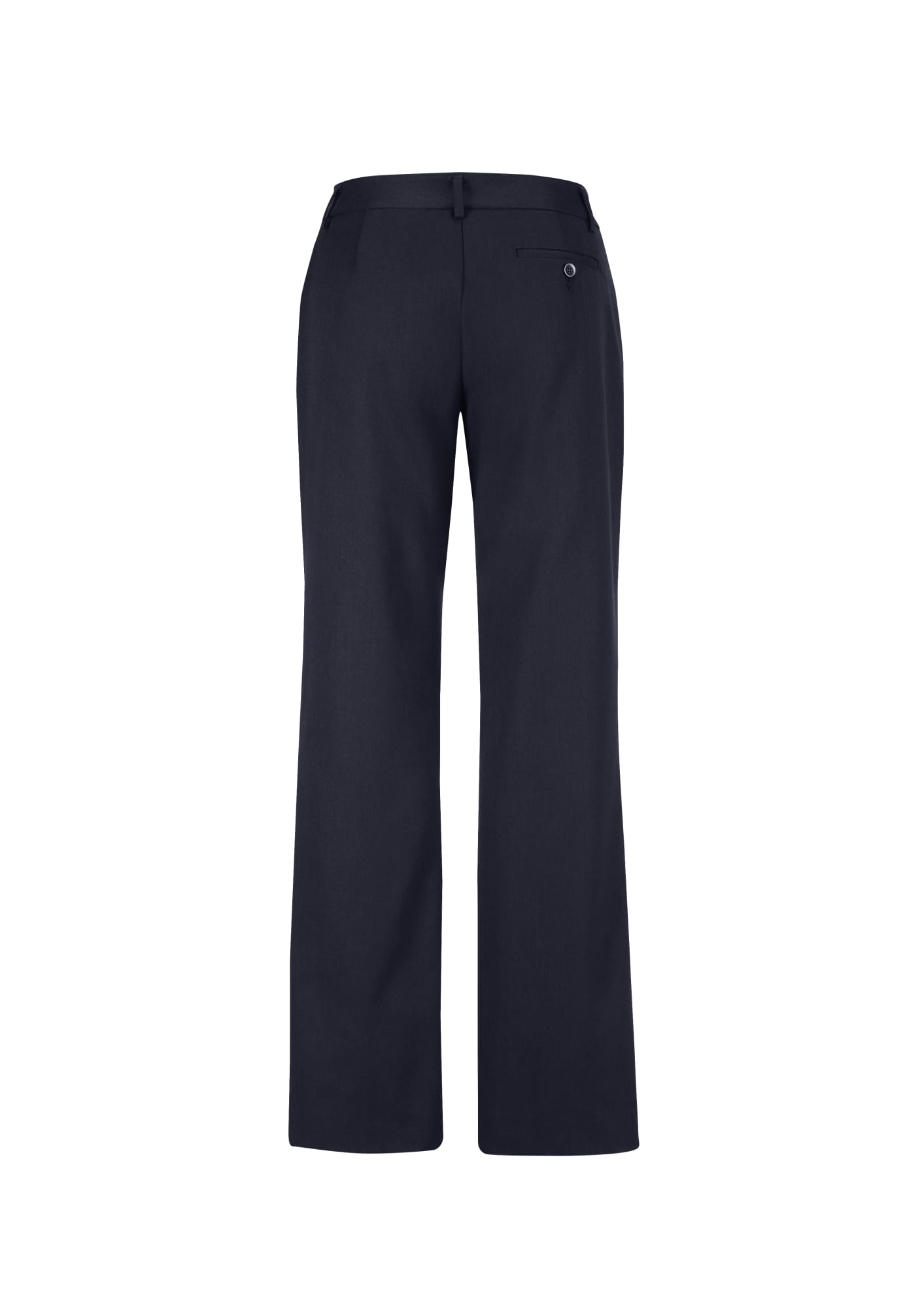 A pair of women's relaxed fit slacks in navy blue, featuring a back pocket and a logo.