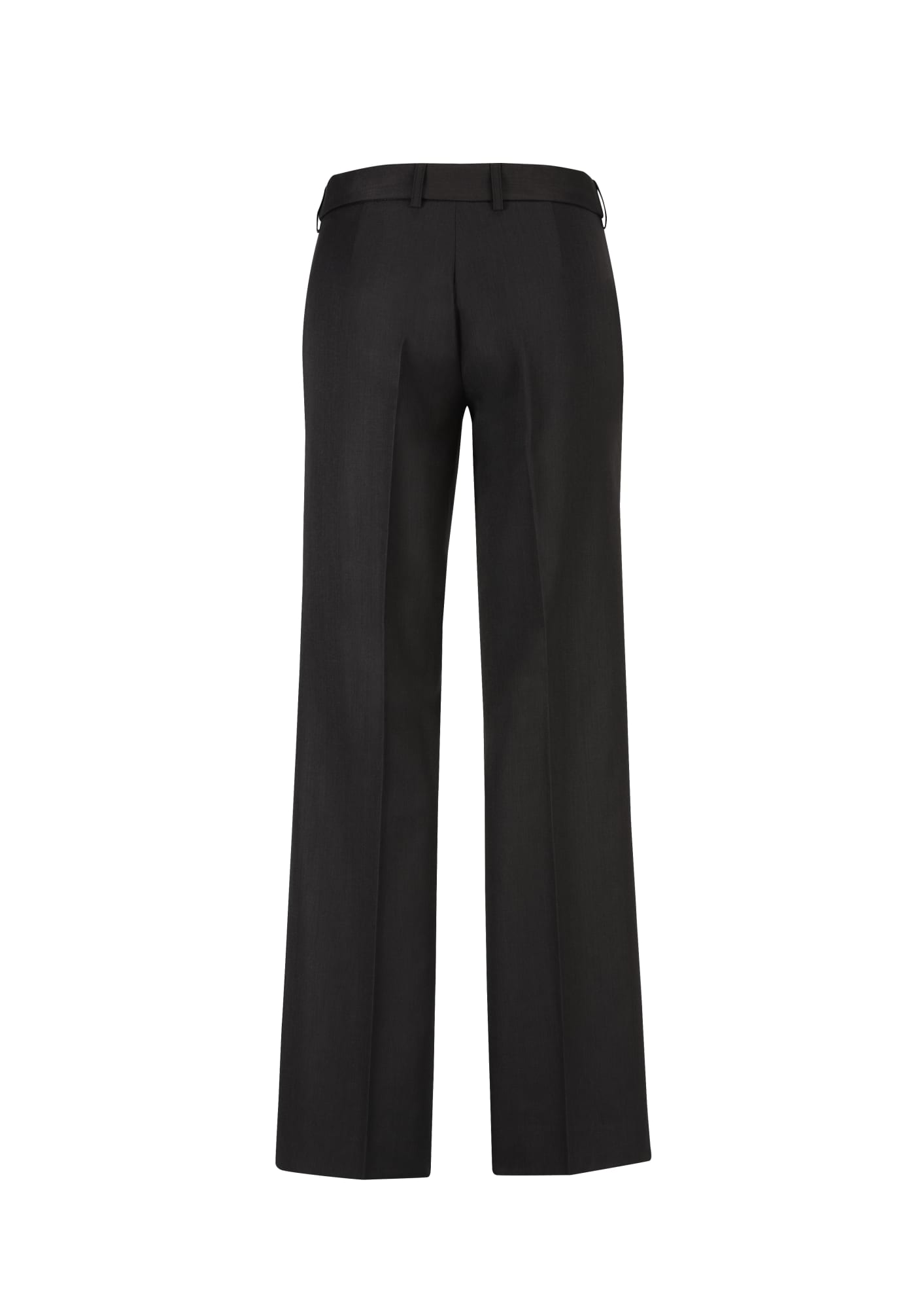 A pair of black women's slacks featuring an adjustable waist and a straight-leg design, with a logo on the waistband.