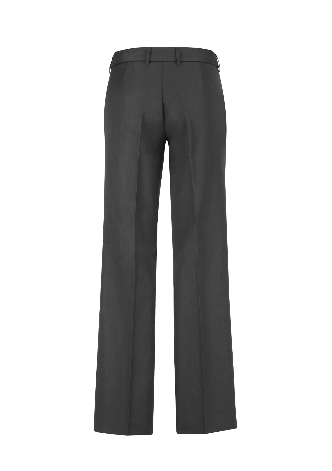 A pair of women's cool stretch adjustable waist pants in dark grey, featuring a straight-leg design and a logo.