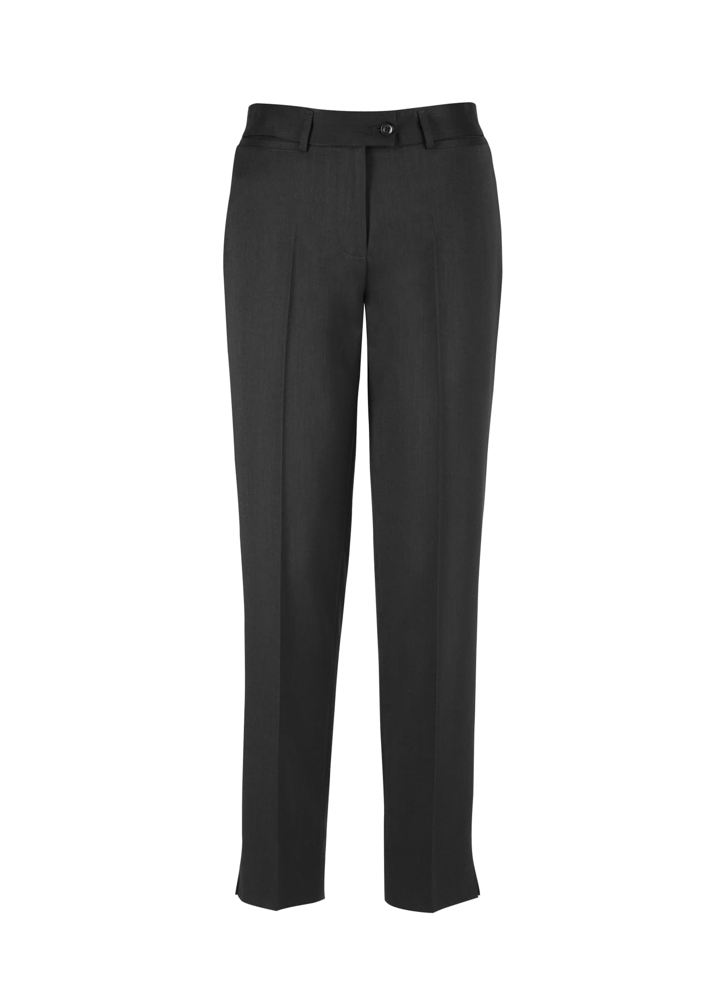 A pair of women's slim leg pants in black, featuring a tailored design and a button closure.