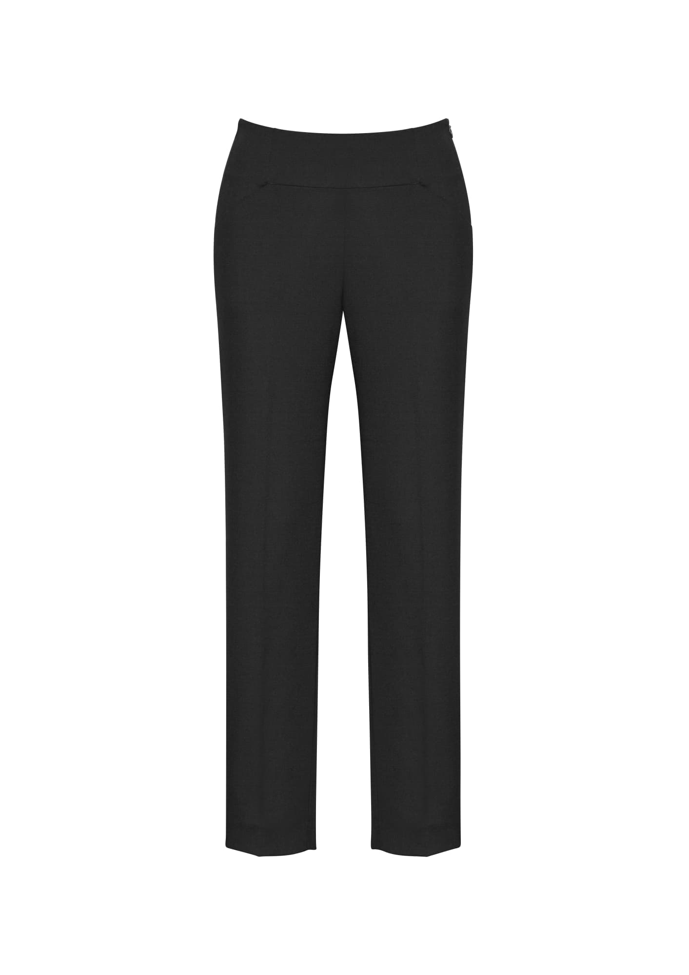 A pair of black slim leg pants with a bandless waist and front pockets, featuring a logo.