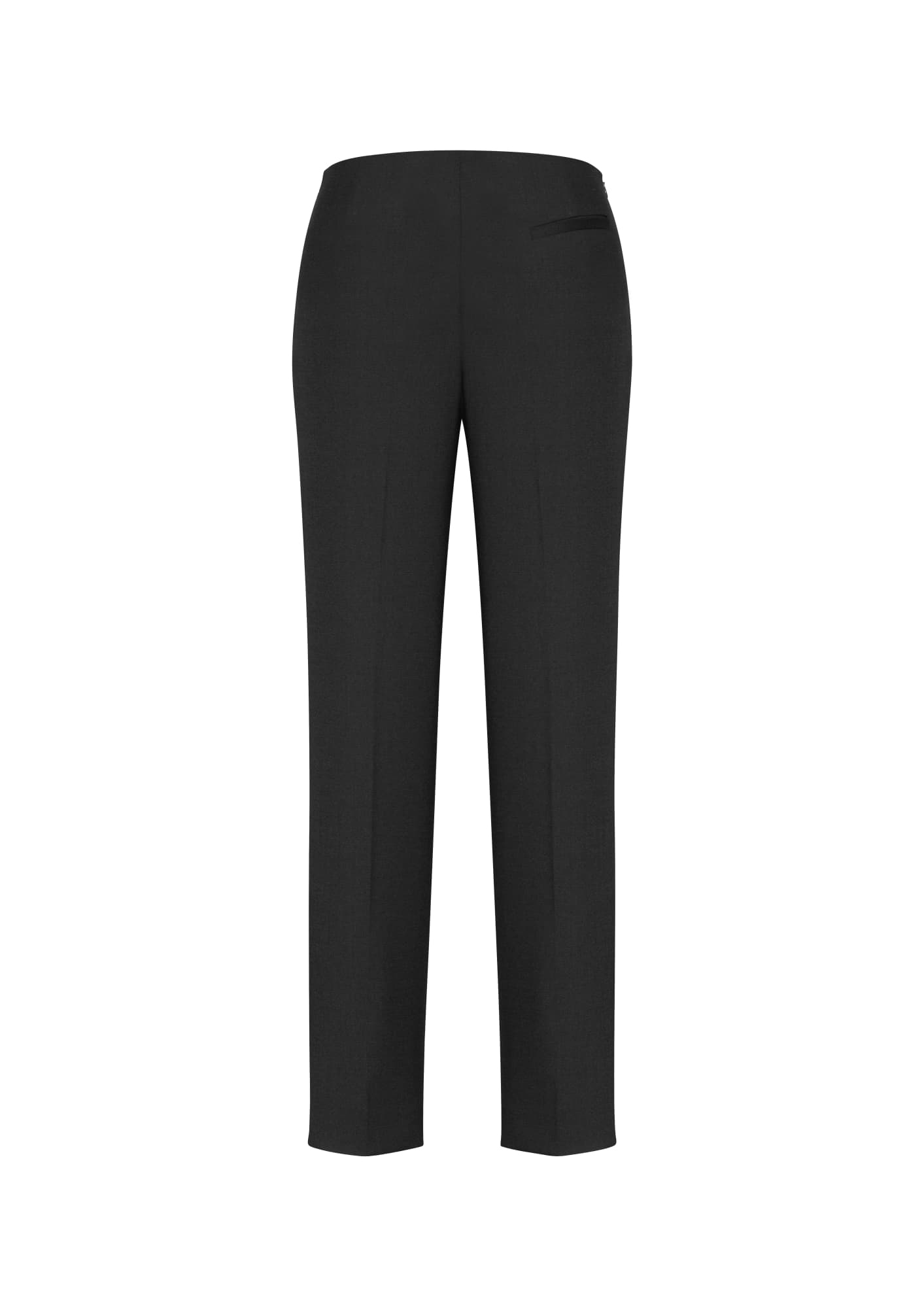 A pair of black slim leg pants with a bandless design and a back pocket, featuring a simple, elegant style.