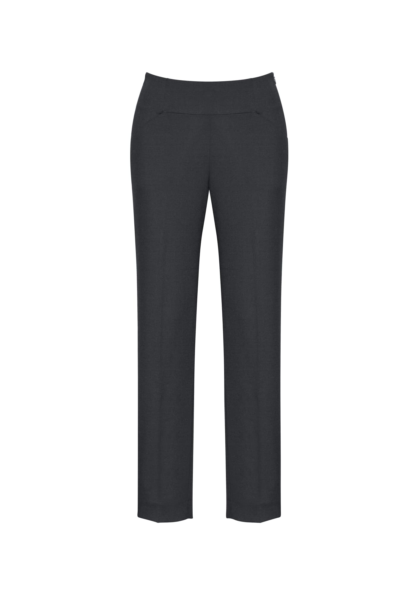 Women's slim leg pants in dark grey with a bandless design, featuring front pockets and a smooth finish. Brand logo present.