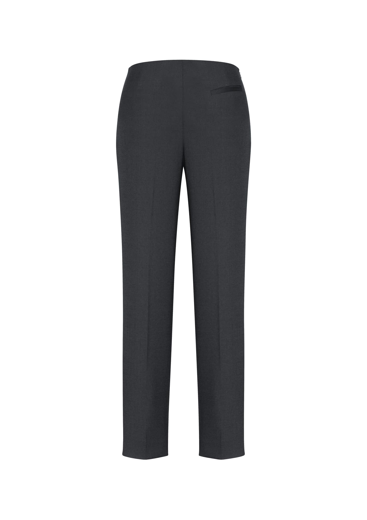 A pair of women's slim leg pants in dark grey, featuring a waistband with no band and a back pocket.