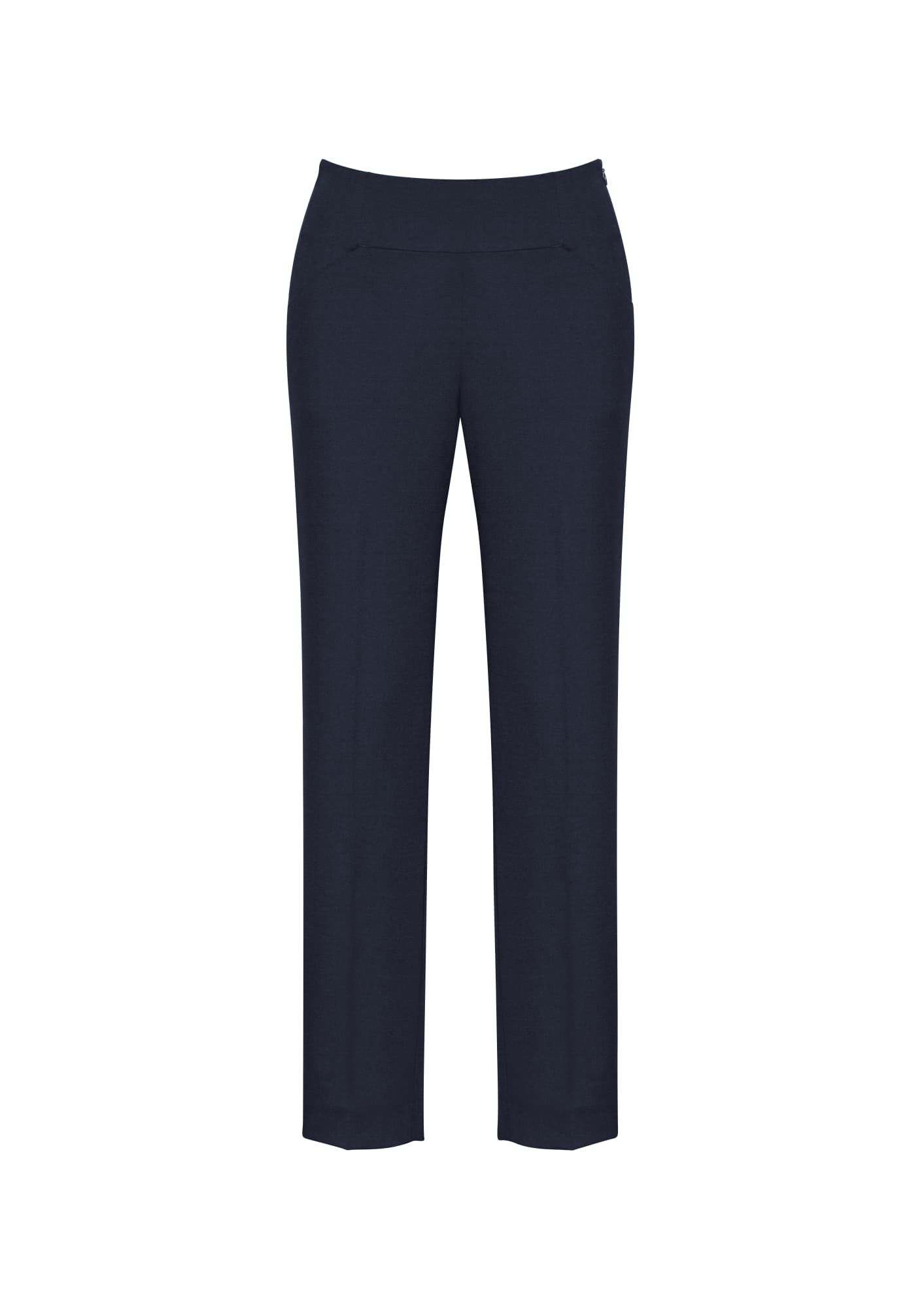 A pair of women's slim leg pants in navy blue, featuring a bandless design and a sleek, minimalistic look.