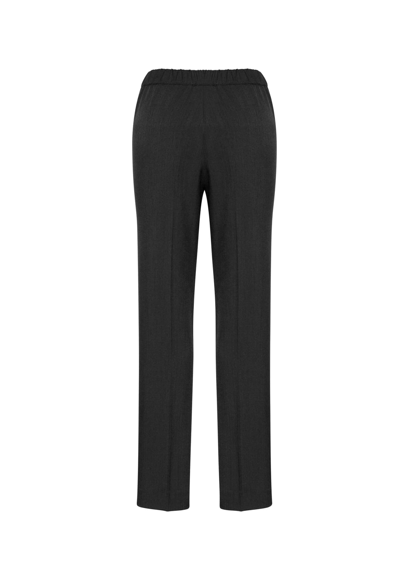 A pair of women's black stretch pants with an elasticised waist and a straight-leg design.