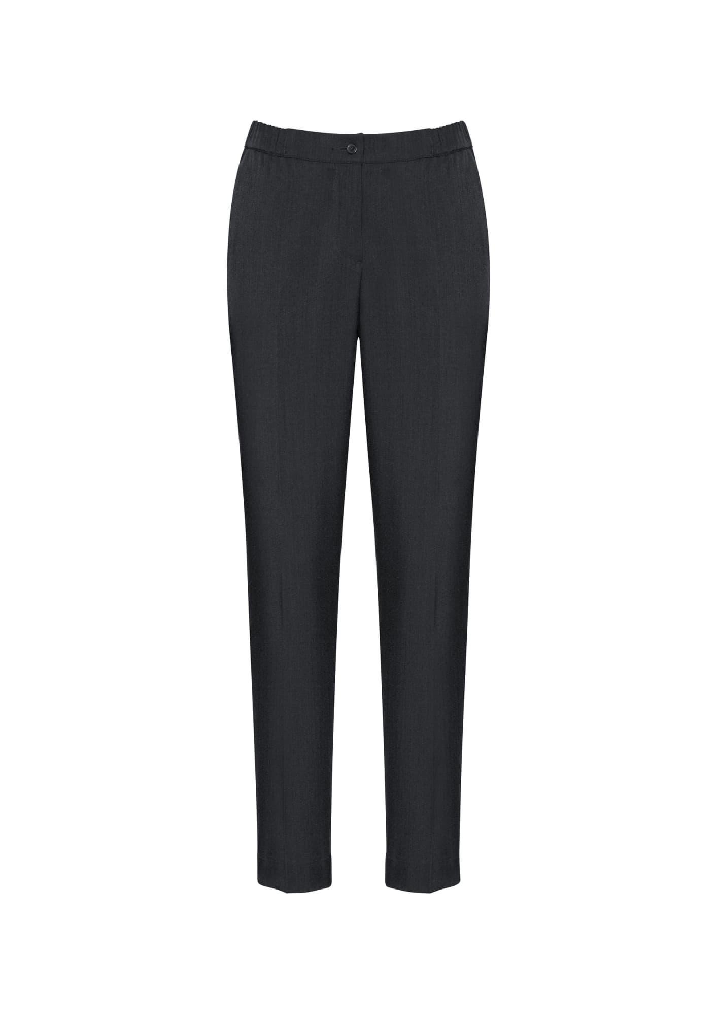 Women’s ultra-comfort waist pants in dark grey, featuring a fitted design and elastic waistband. Includes a logo.