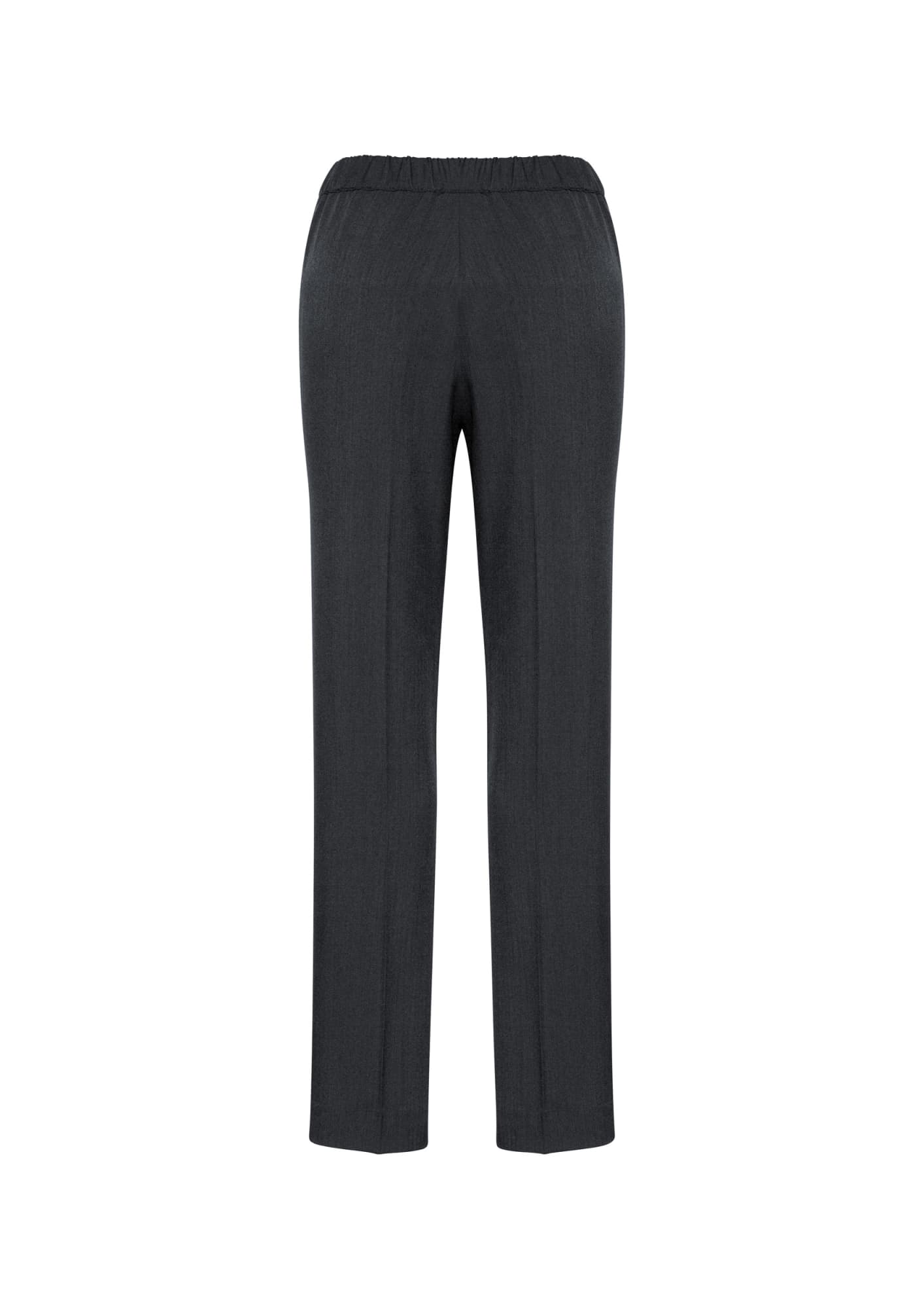 A pair of women's dark grey, ultra-comfort stretch waist pants with an elastic waistband and a sleek design.