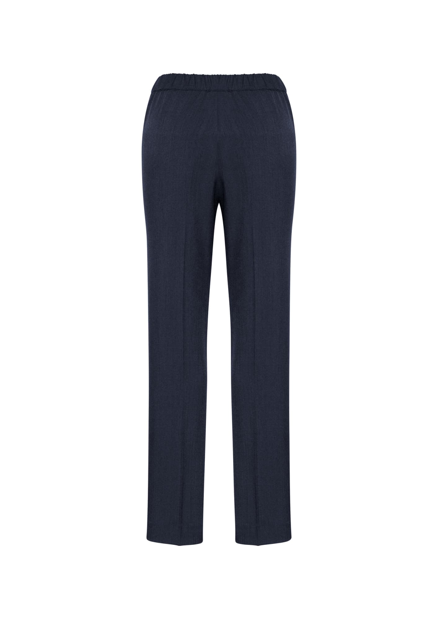 A pair of navy blue women's pants with an elastic waistband, featuring a straight leg design and no visible detailing.