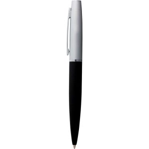 A metal ballpoint pen with a silver barrel and a black grip. The pen features a logo on the body.