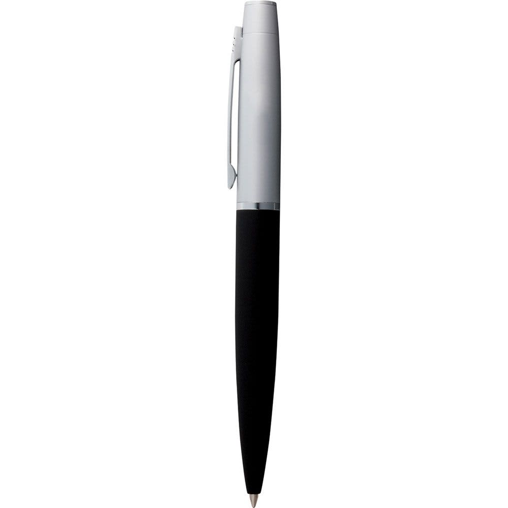 A metal ballpoint pen with a silver barrel and a black grip. The pen features a logo on the body.