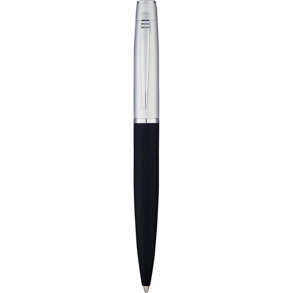A metal ballpoint pen with a silver finish and a black grip, featuring a logo on the body.