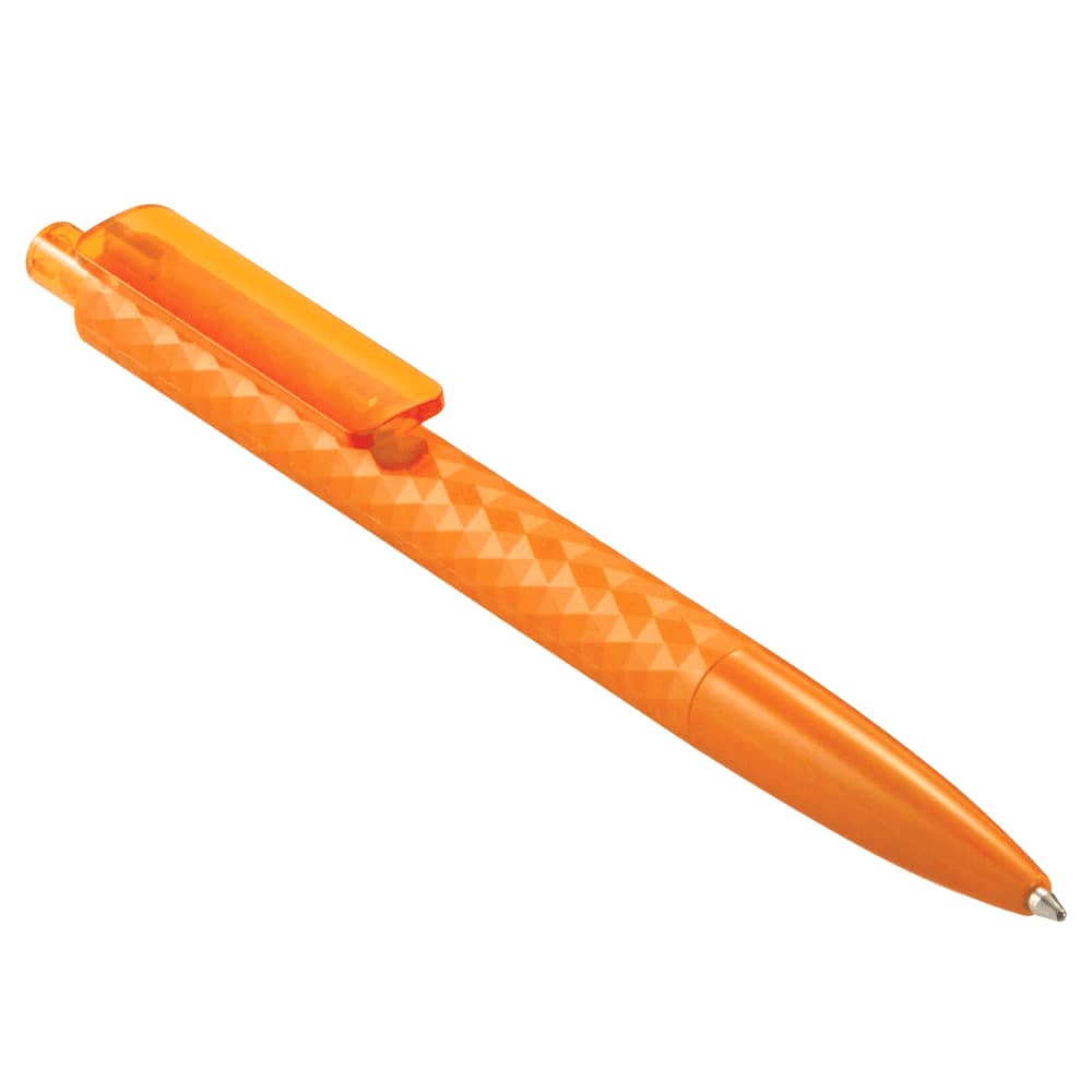 A geometric ballpoint pen in bright orange with a branding logo, featuring a textured grip.