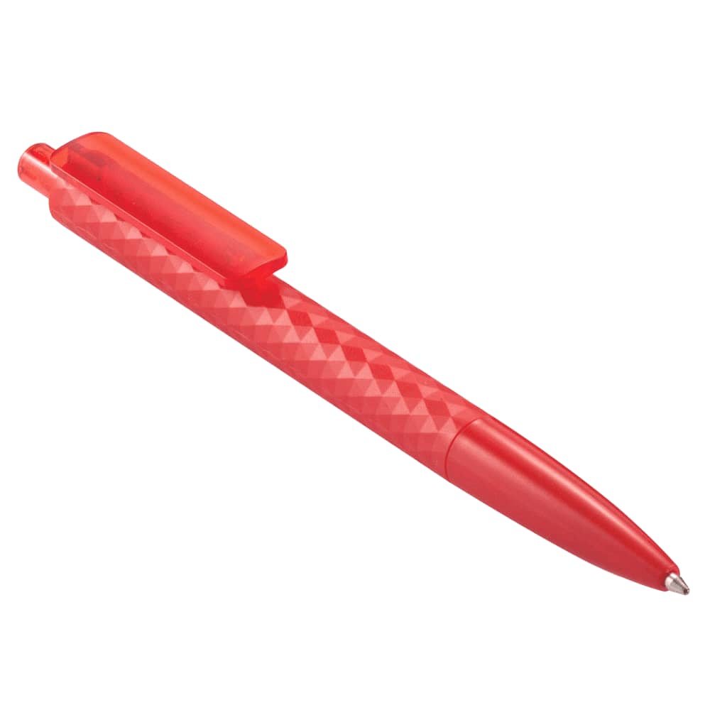A turquoise ballpoint pen with a textured grip, featuring a branding logo.