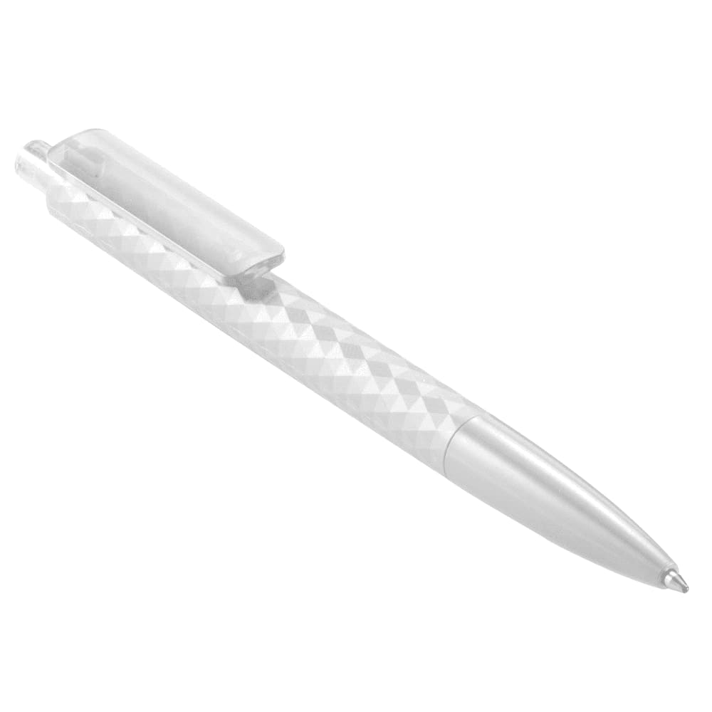 A geometric ballpoint pen in bright red with a textured design and a clip for easy carrying.