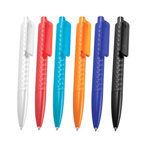 A set of geometric ballpoint pens in white, red, blue, orange, and black, featuring a textured design and clips.
