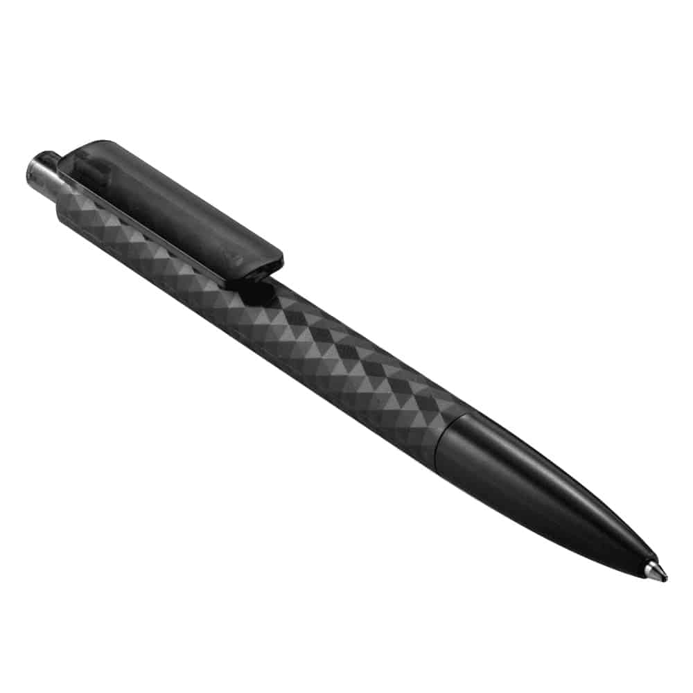 A red geometric ballpoint pen with a textured grip and a logo on the side.