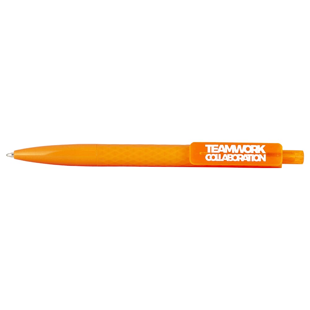 A white ballpoint pen with a textured grip and a branding logo, featuring floral shop design details.