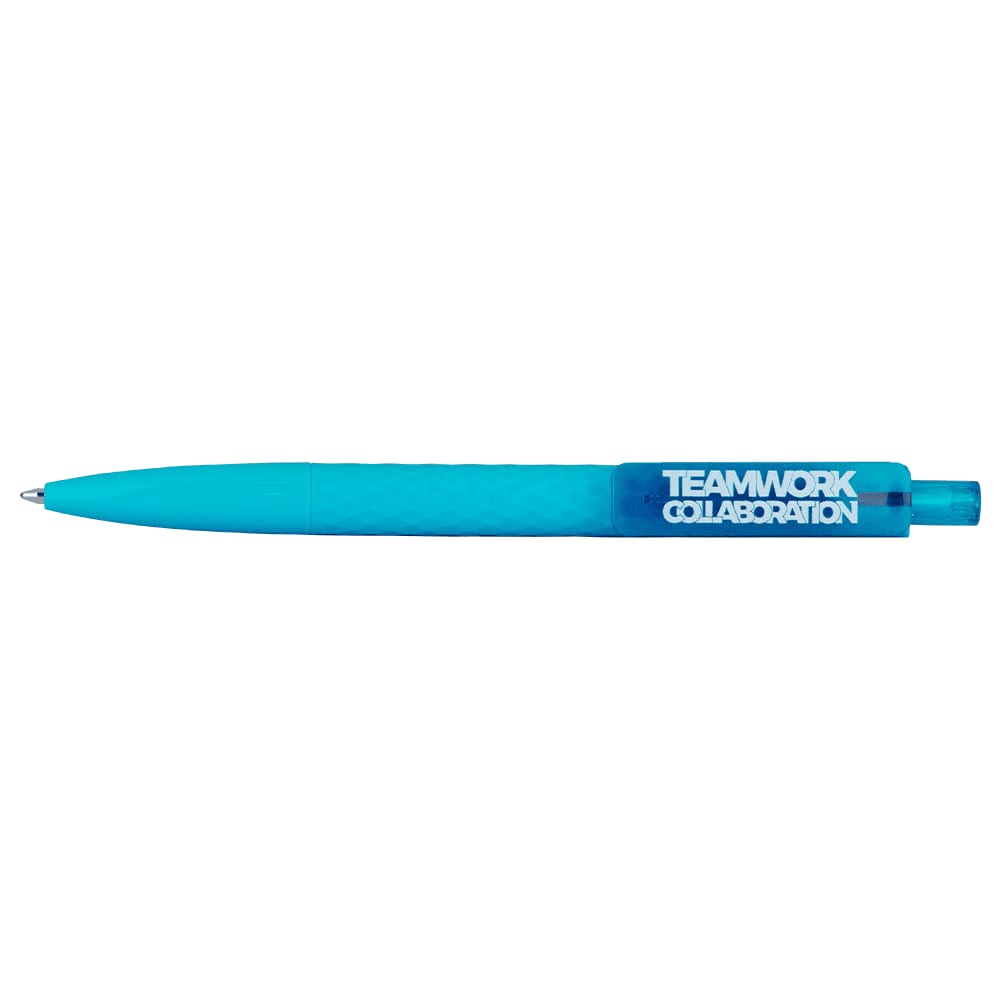 A black geometric ballpoint pen featuring a textured design and a clip for easy attachment.