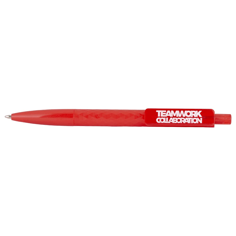 A black geometric ballpoint pen featuring a multicoloured logo. The pen has a textured grip and a retractable tip.