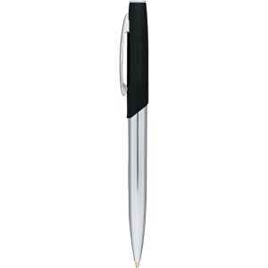 A sleek metal ballpoint pen with a chrome finish and a black grip. The pen features a clip and branding.