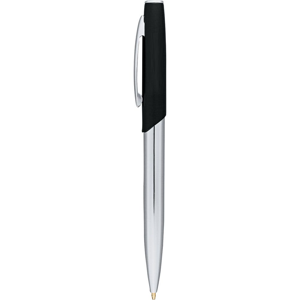 A sleek metal ballpoint pen with a chrome finish and a black grip. The pen features a clip and branding.