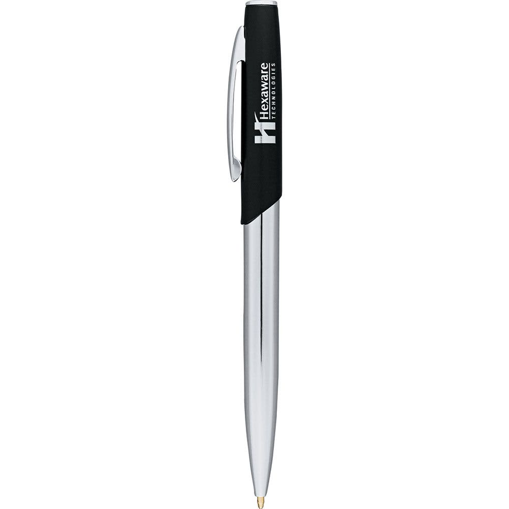 A metal ballpoint pen with a shiny chrome finish and a black grip, featuring a logo on the barrel.