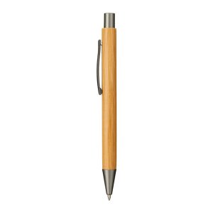 A bamboo ballpoint pen with a metallic clip and tip, featuring a sleek, natural wood design.