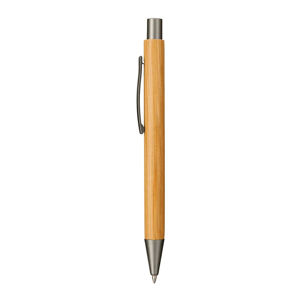 A bamboo ballpoint pen with a metallic clip and tip, featuring a sleek, natural wood design.