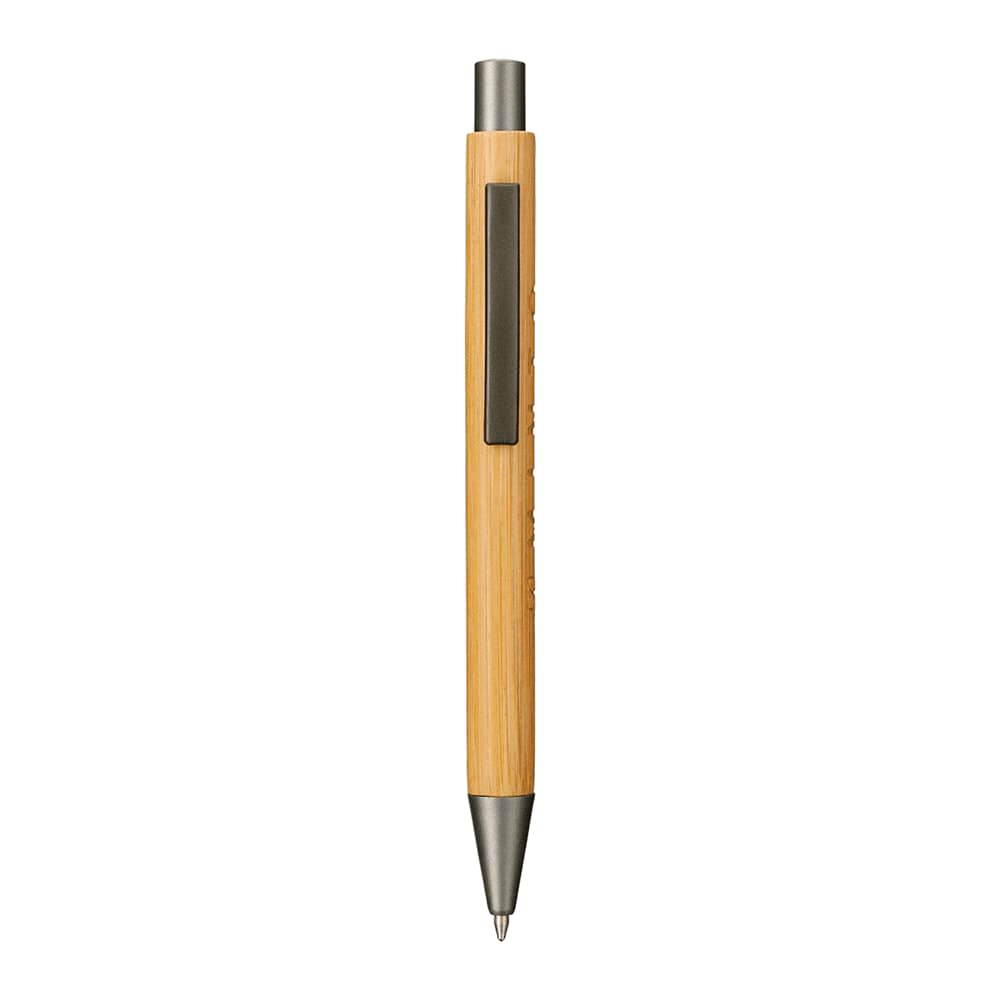 A bamboo ballpoint pen with a silver tip, featuring a sleek design and a clip on one side.