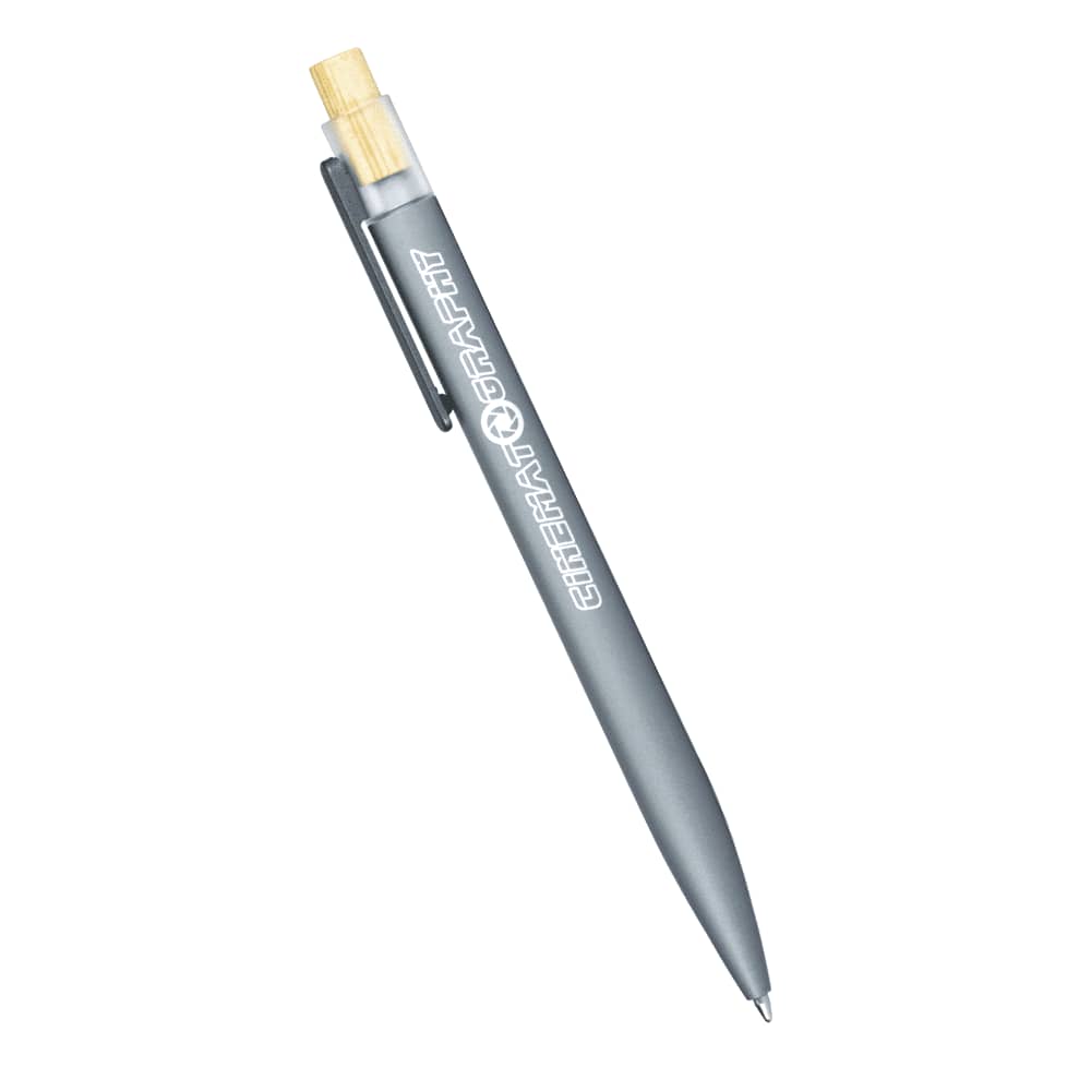 A black pen with a bamboo clicker, featuring a logo, made from recycled aluminium.