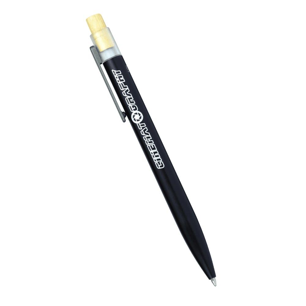 A grey recycled aluminium pen with a bamboo clicker and a silver clip. It features a minimalist design.