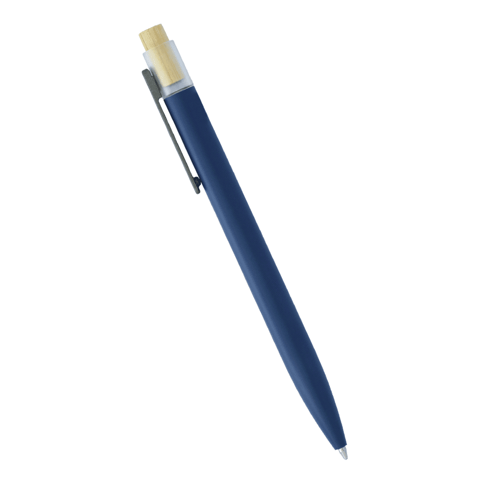 A black recycled aluminium pen with a bamboo clicker and a silver clip, featuring a simple design.