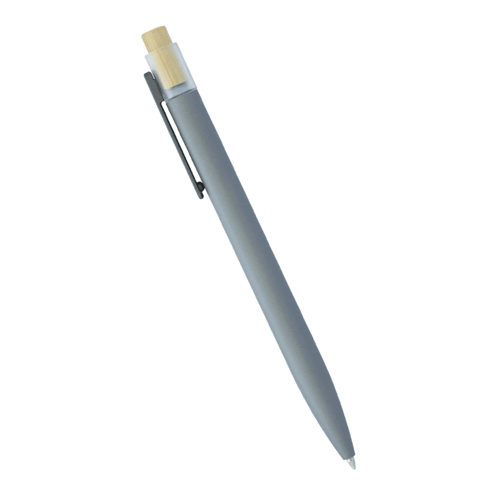 A recycled aluminium pen with a bamboo clicker in grey, featuring a branding logo on the side.