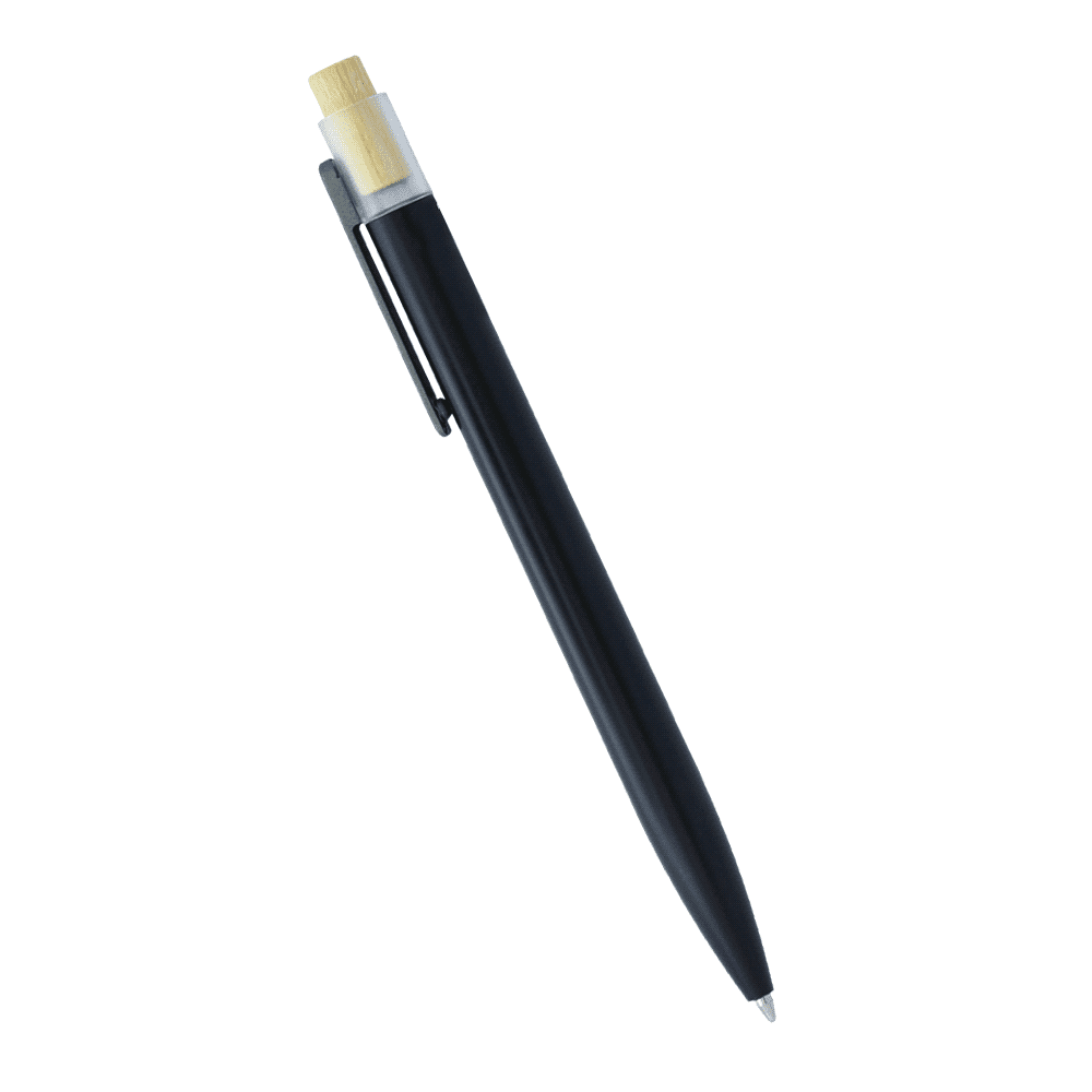 A black recycled aluminium pen with a bamboo clicker and a metal clip, featuring a logo on the barrel.