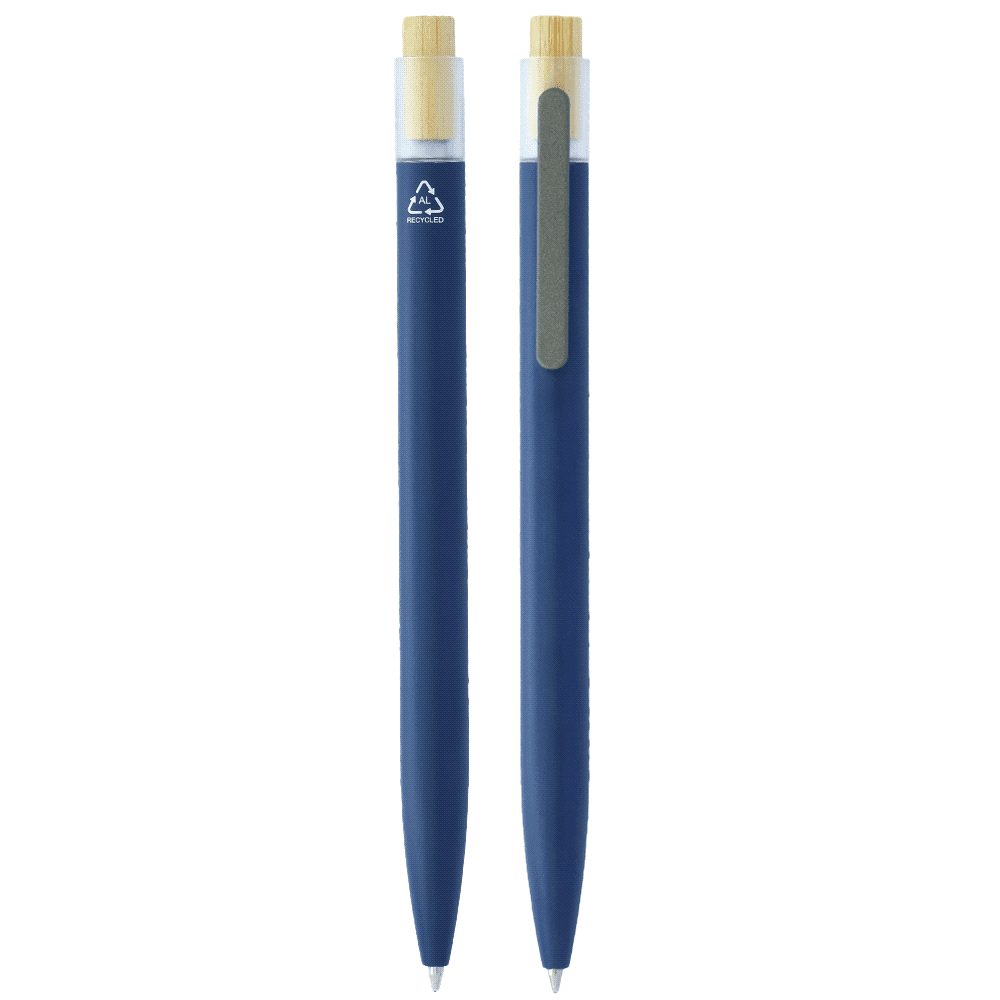 Recycled aluminium pen with bamboo clicker in white. Features a logo and sleek, minimalist design.