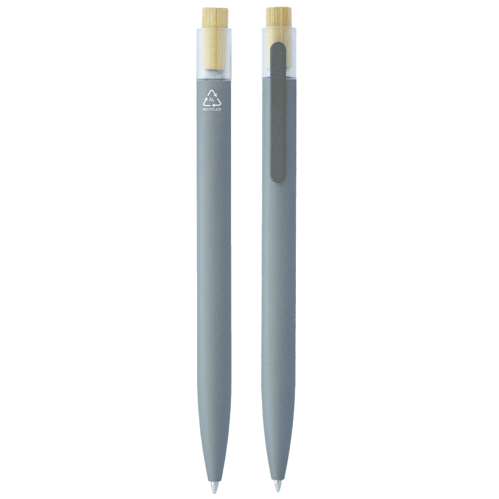 A navy blue recycled aluminium pen features a bamboo clicker and a clip, showcasing an eco-friendly design.