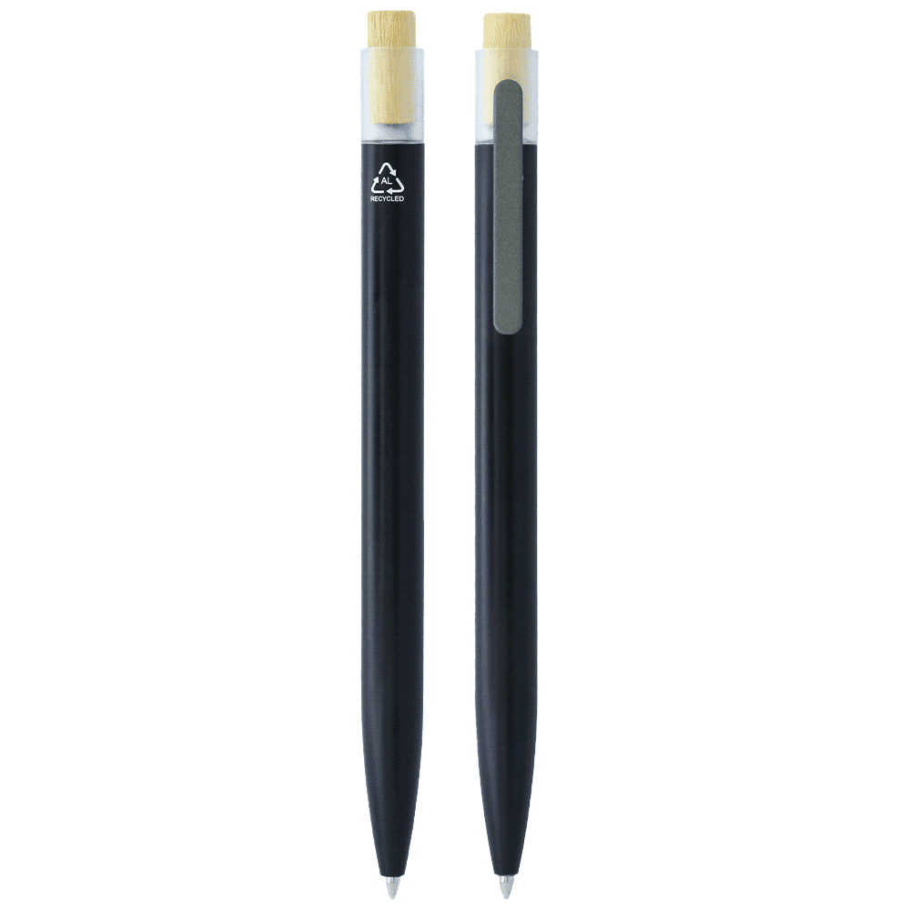 A recycled aluminium pen in grey with a bamboo clicker and a logo on the side.