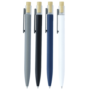 A blue recycled aluminium pen with a bamboo clicker and a clip, featuring a logo on the barrel.