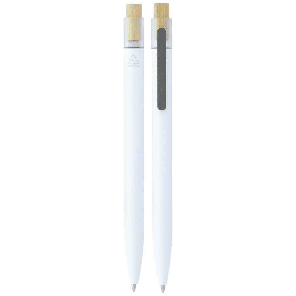 A blue recycled aluminium pen with a bamboo clicker is held above a lined notepad. The pen has a silver clip.