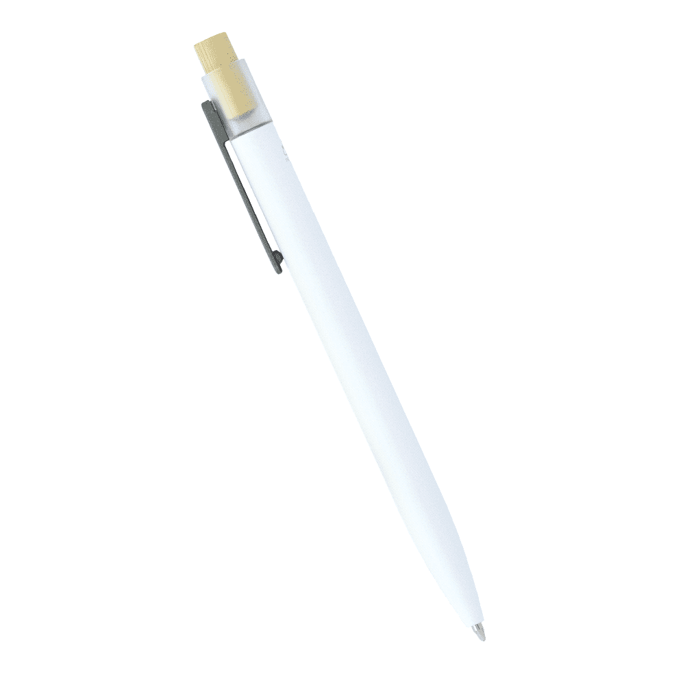 A navy blue recycled aluminium pen featuring a bamboo clicker and a metal clip. It has a sleek, modern design.
