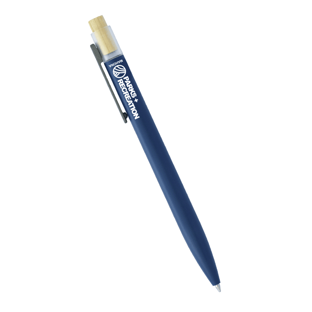 A white aluminium pen featuring a bamboo clicker and a logo on the side.