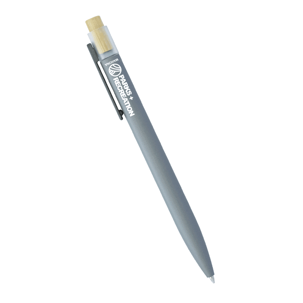 Recycled aluminium pen with bamboo clicker. Grey body with bamboo accents. Includes a logo.