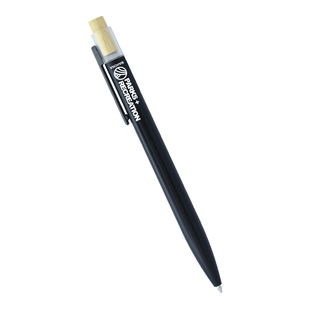 Recycled aluminium pen with bamboo clicker, featuring a sleek black design and a logo on the side.