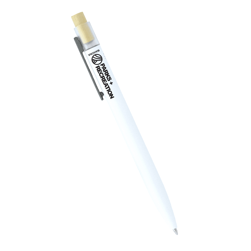 A white recycled aluminium pen with a bamboo clicker and a silver clip. The pen has a minimalist design.