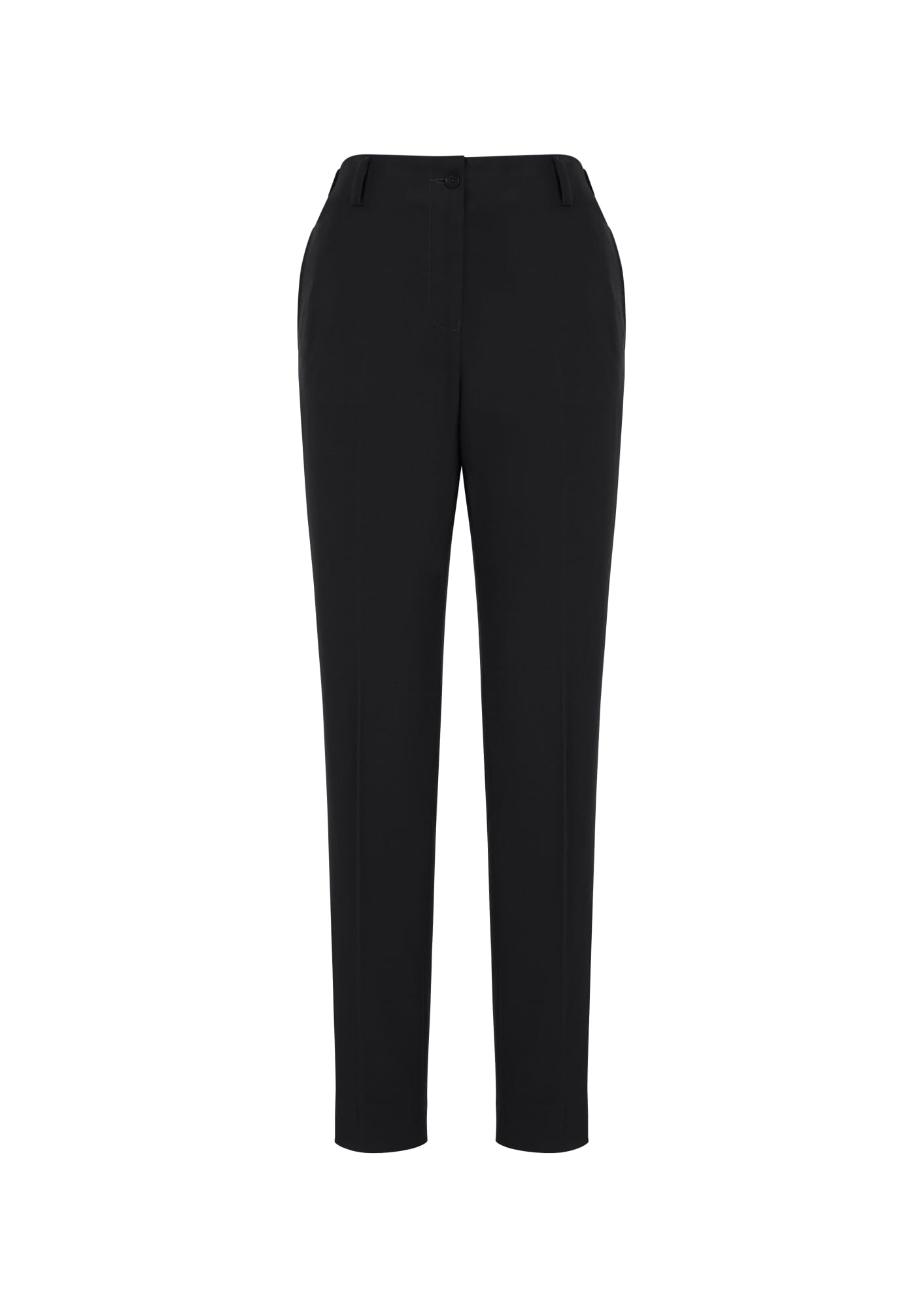 A pair of black women's slacks with a bandless elastic waist and side pockets, featuring a logo.