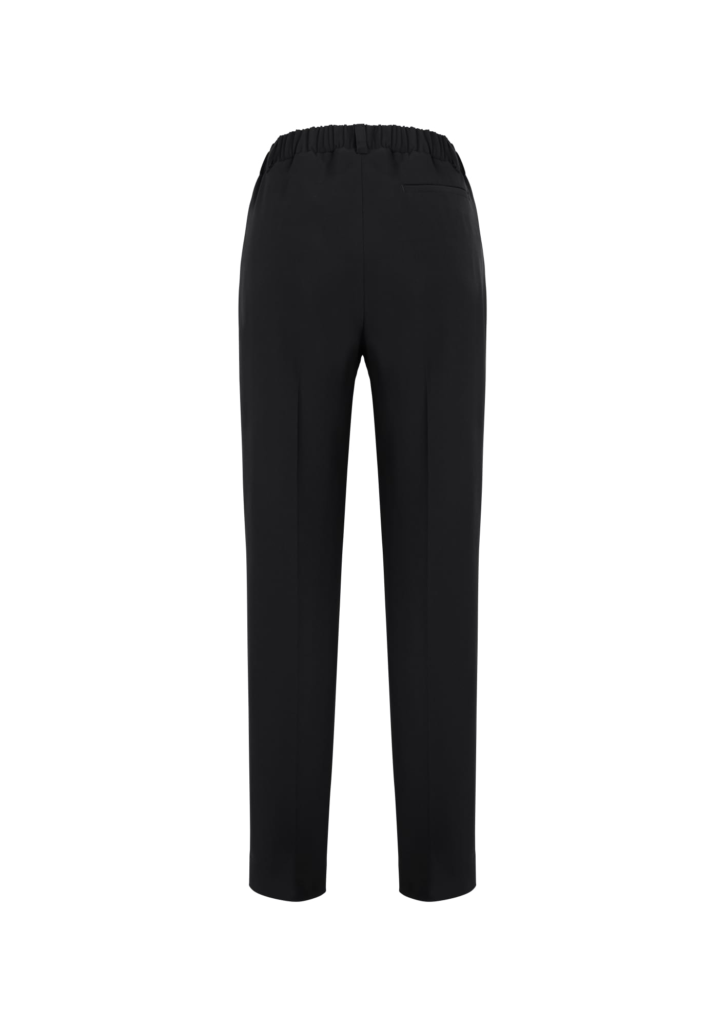 A pair of women's black bandless pants with an elastic waist and a sleek design from the back view.
