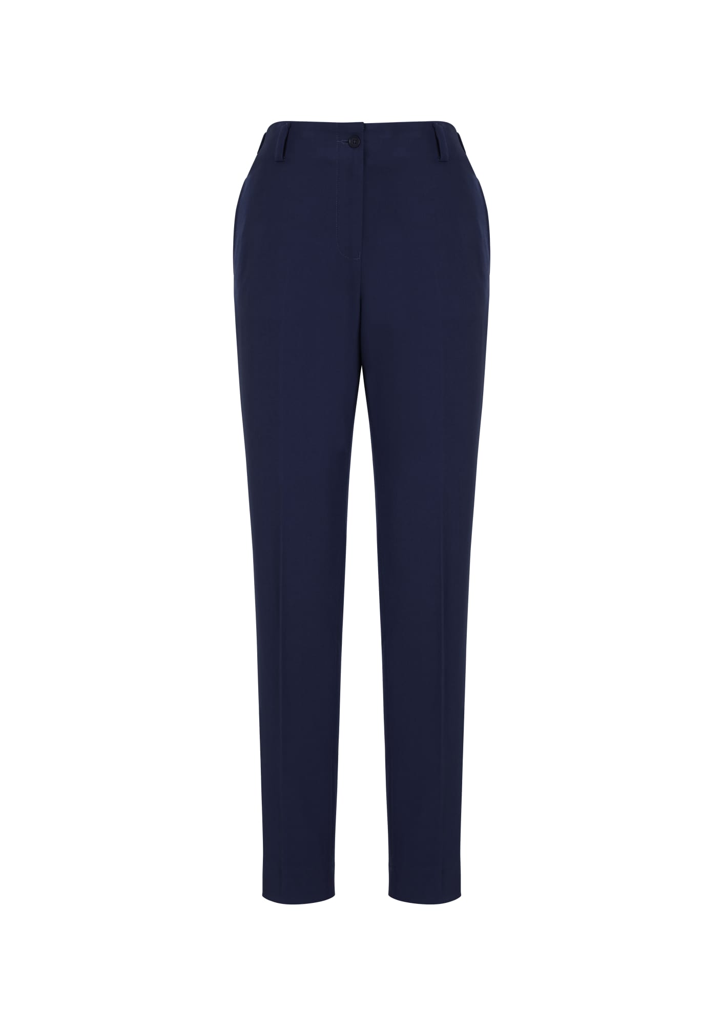 Navy women's slacks with a bandless elastic waist, featuring side pockets and a tailored fit. Includes a branding logo.